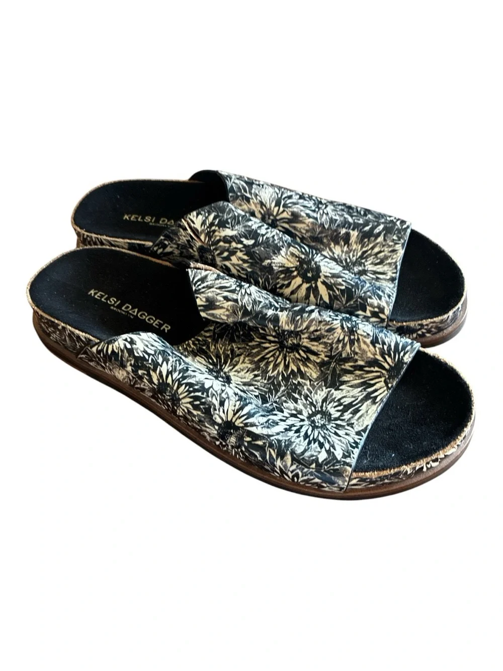 Kelsi Dagger Black and Cream Floral Slide Sandals